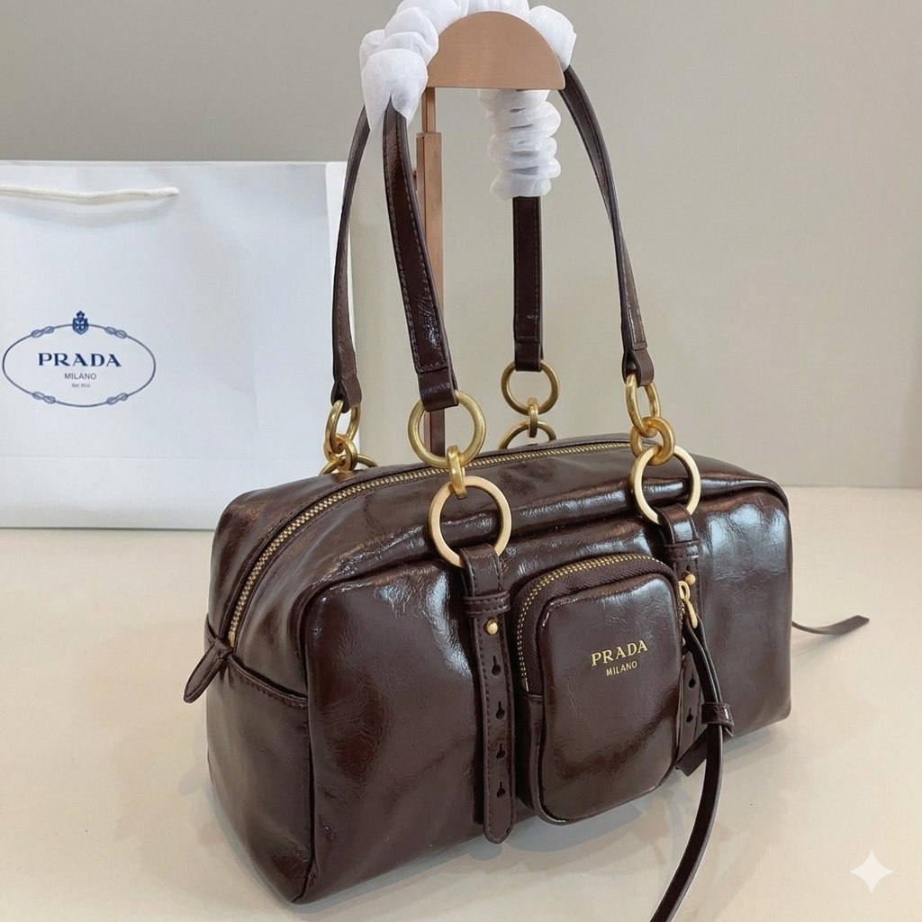 Prada Vintage-Effect Crinkled Leather Top-Handle Bag