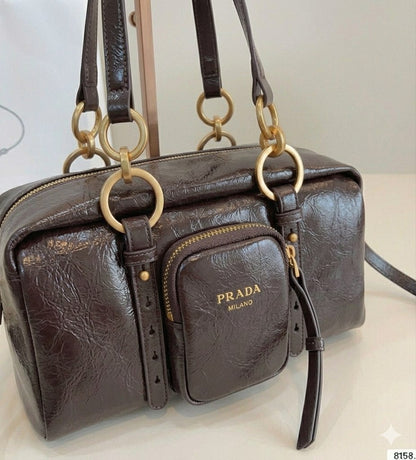 Prada Vintage-Effect Crinkled Leather Top-Handle Bag