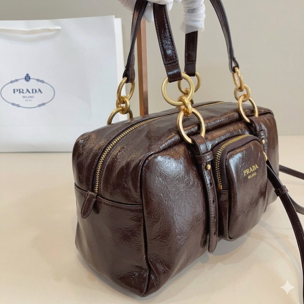 Prada Vintage-Effect Crinkled Leather Top-Handle Bag