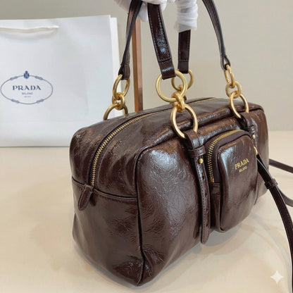 Prada Vintage-Effect Crinkled Leather Top-Handle Bag