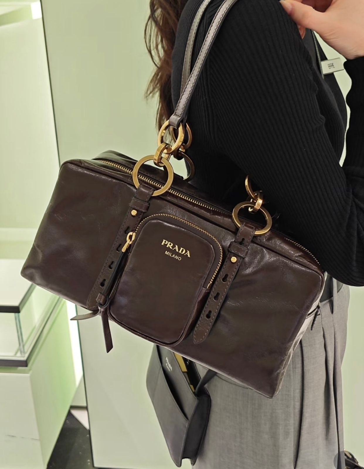 Prada Vintage-Effect Crinkled Leather Top-Handle Bag
