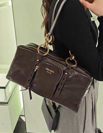 Prada Vintage-Effect Crinkled Leather Top-Handle Bag