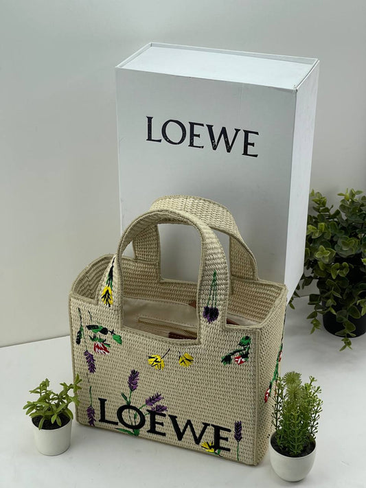 LOEWE Font Tote in Raffia with Floral Embroidery