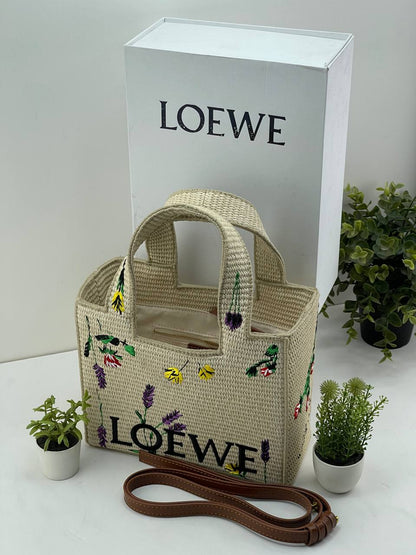 LOEWE Font Tote in Raffia with Floral Embroidery