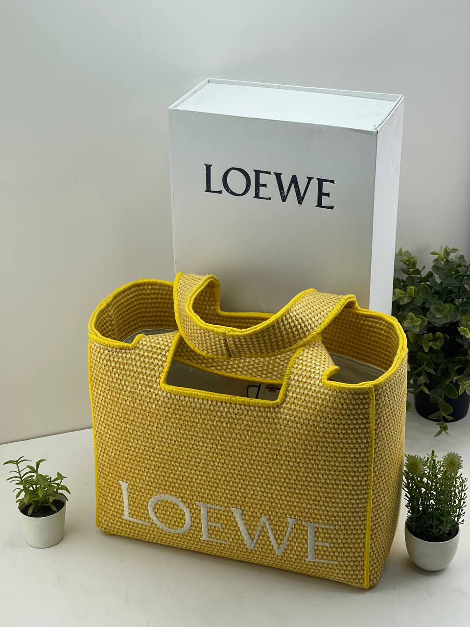 Loewe Font Tote Bag (Woven Raffia/Textile)