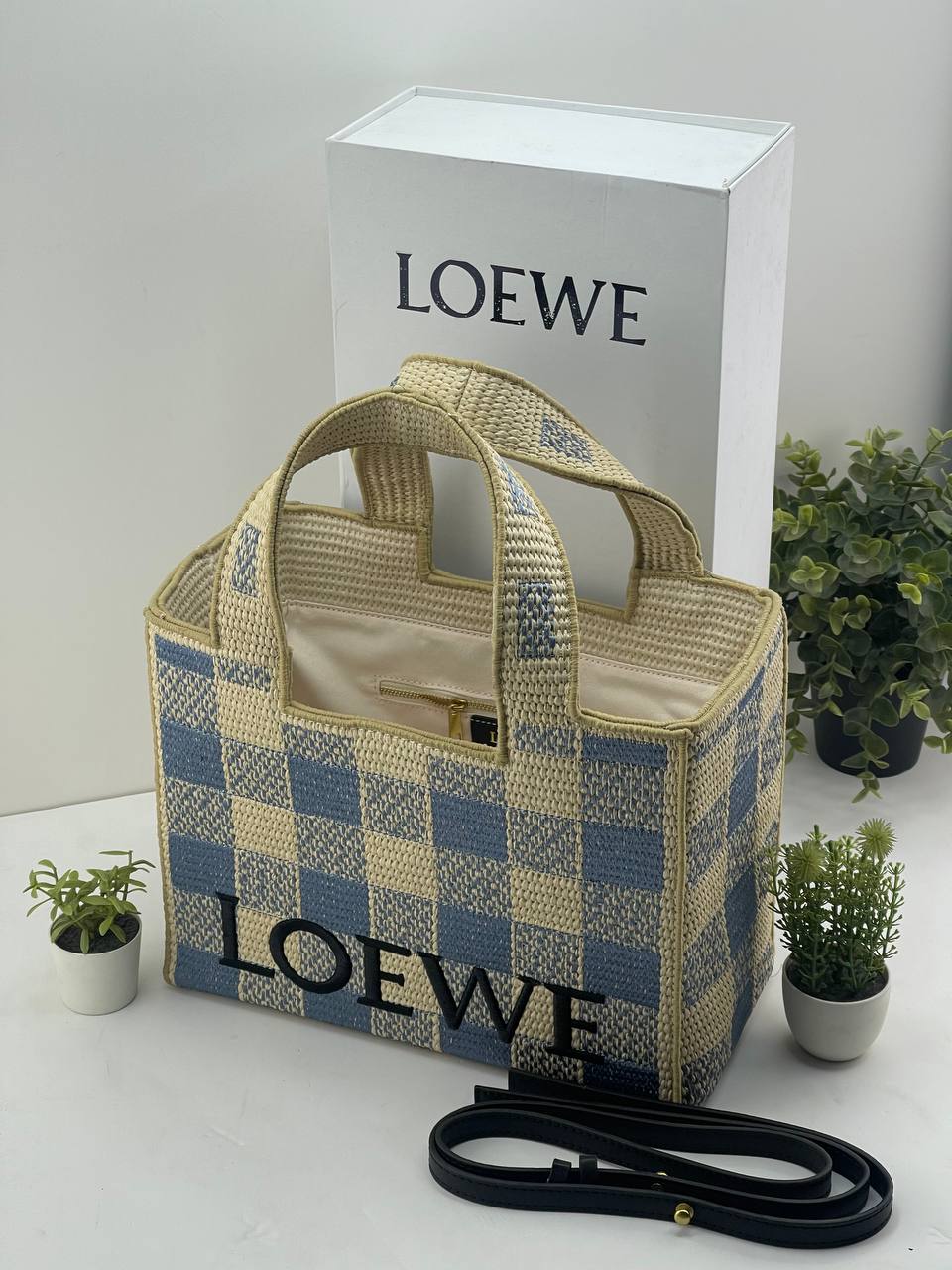 LOEWE Raffia Checkerboard Tote Bag