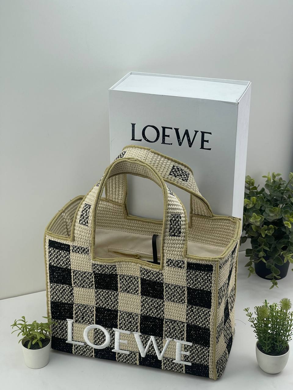 LOEWE Raffia Checkerboard Tote Bag