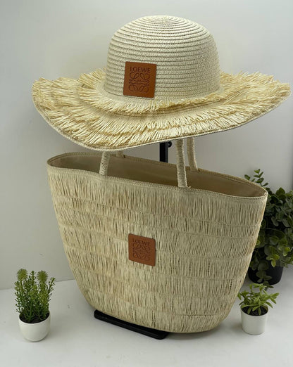 Handwoven Straw Beach Bag & Matching Hat Set (LOEWE Style)