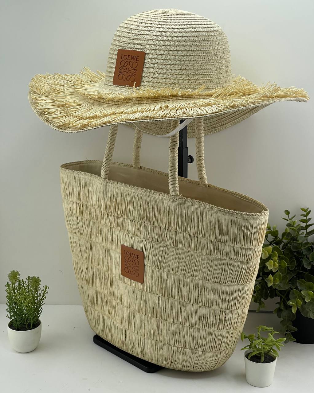 Handwoven Straw Beach Bag & Matching Hat Set (LOEWE Style)