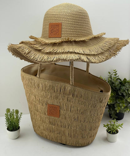 Handwoven Straw Beach Bag & Matching Hat Set (LOEWE Style)