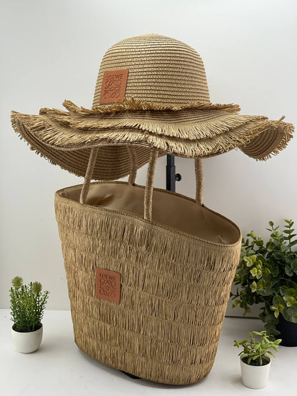 Handwoven Straw Beach Bag & Matching Hat Set (LOEWE Style)