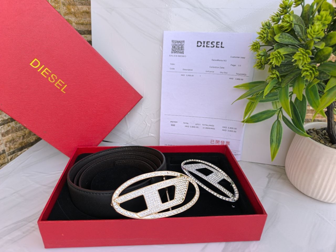 Diesel Luxury Leather Belt Gift Set with Interchangeable Crystal-Embellished Buckles