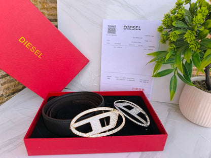 Diesel Luxury Leather Belt Gift Set with Interchangeable Crystal-Embellished Buckles