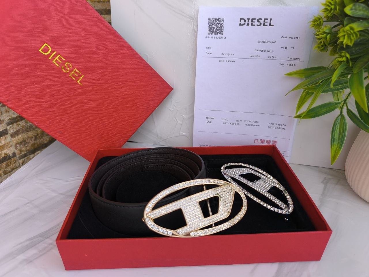 Diesel Luxury Leather Belt Gift Set with Interchangeable Crystal-Embellished Buckles