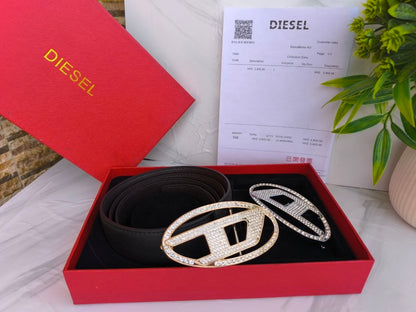 Diesel Luxury Leather Belt Gift Set with Interchangeable Crystal-Embellished Buckles